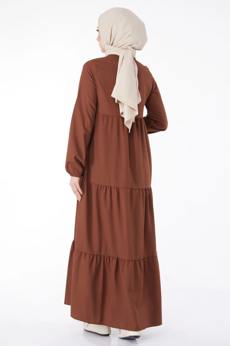 Tofisa Plain Judge Collar Women's Brown Gathered Lace Detail Dress - 13145