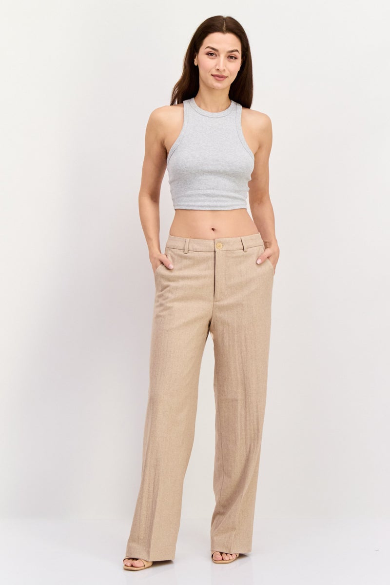 Scotch & Soda Women Regular Fit Solid Wide Leg Pants, Tan - Image 3