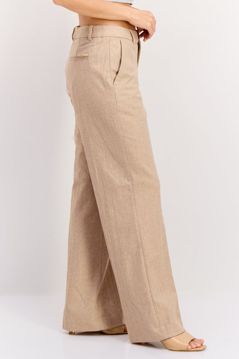 Scotch & Soda Women Regular Fit Solid Wide Leg Pants, Tan - Image 2
