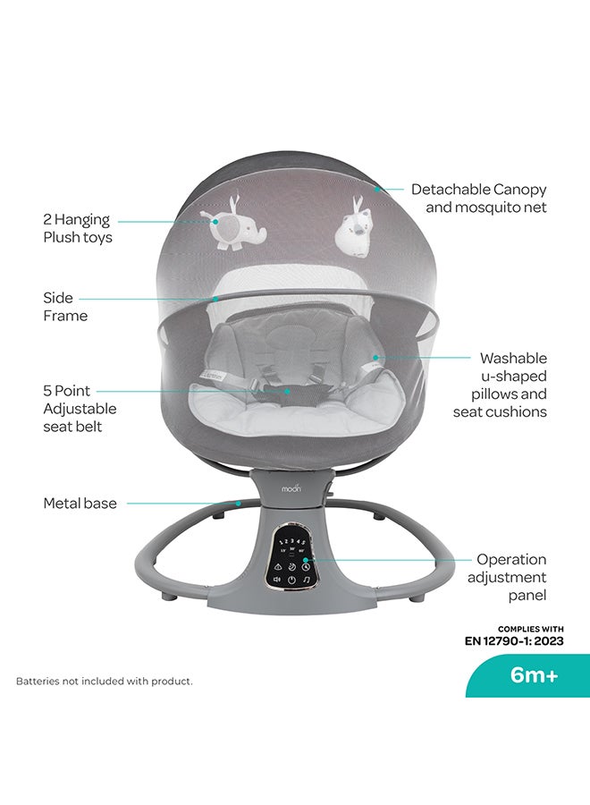 Moon Koze Baby Swing. 0m+, Holds upto 9kg. Gentle Swaying Motion. In Built Music System. Flexible Speed and Timer Settings. With Remote Control and Mosquito Net. Motion Sensor. 5 Point Harness - Grey - Image 2
