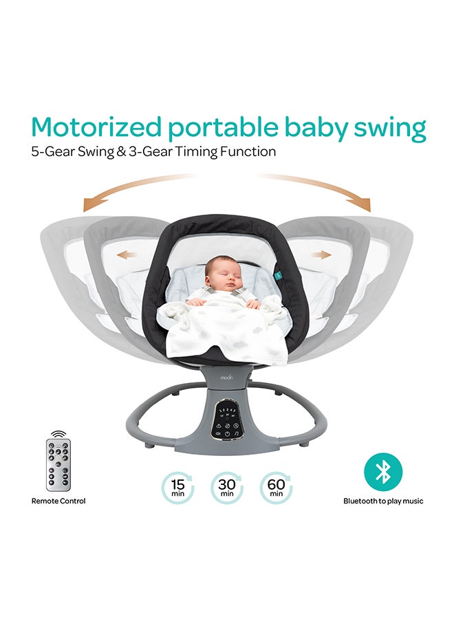 Moon Koze Baby Swing. 0m+, Holds upto 9kg. Gentle Swaying Motion. In Built Music System. Flexible Speed and Timer Settings. With Remote Control and Mosquito Net. Motion Sensor. 5 Point Harness - Grey - Image 4