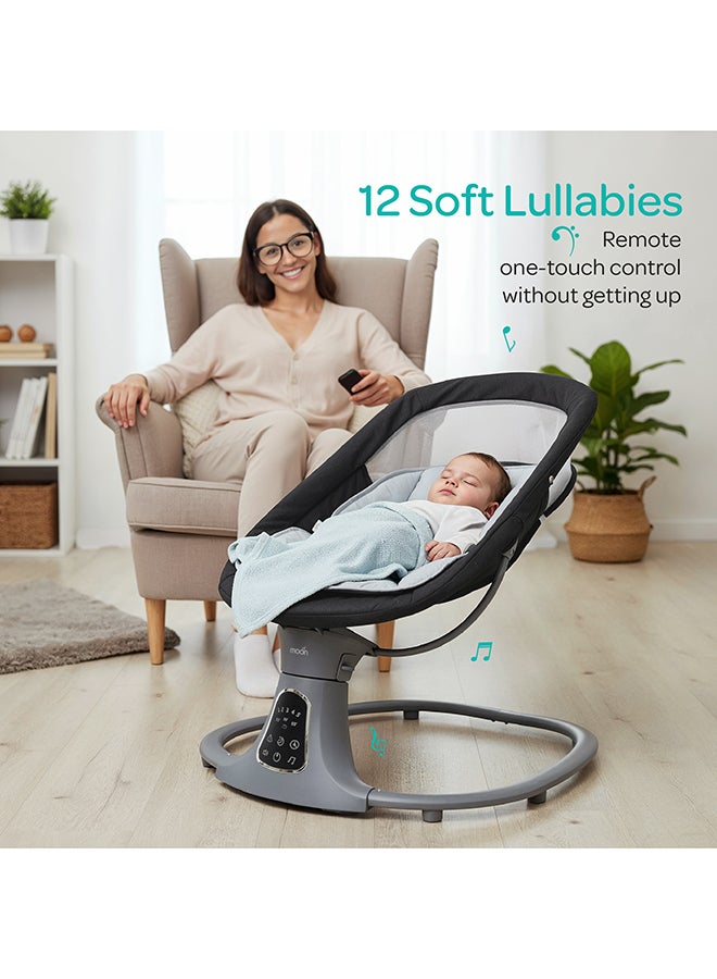 Moon Koze Baby Swing. 0m+, Holds upto 9kg. Gentle Swaying Motion. In Built Music System. Flexible Speed and Timer Settings. With Remote Control and Mosquito Net. Motion Sensor. 5 Point Harness - Grey - Image 5