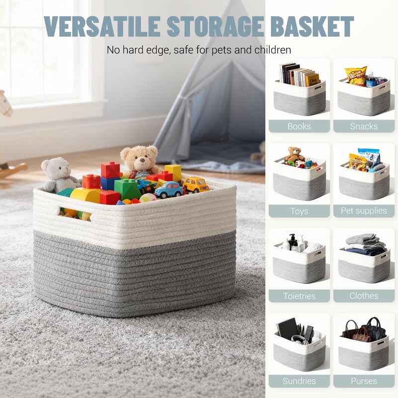 Yilobi 5 Pack Woven Storage Baskets for Shelves, Decorative Basket Closet Organizer Storage Bins for Clothes, Books, Pantry, Bathroom â€“ Cotton Rope Shelf Baskets for Organizing and Decor, Gray & White - Image 4