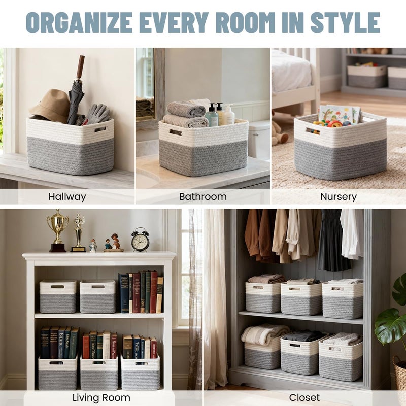 Yilobi 5 Pack Woven Storage Baskets for Shelves, Decorative Basket Closet Organizer Storage Bins for Clothes, Books, Pantry, Bathroom â€“ Cotton Rope Shelf Baskets for Organizing and Decor, Gray & White - Image 5