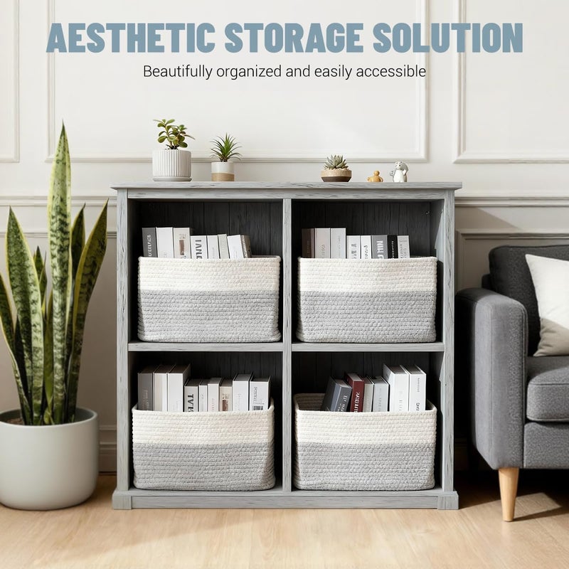 Yilobi 5 Pack Woven Storage Baskets for Shelves, Decorative Basket Closet Organizer Storage Bins for Clothes, Books, Pantry, Bathroom â€“ Cotton Rope Shelf Baskets for Organizing and Decor, Gray & White - Image 2