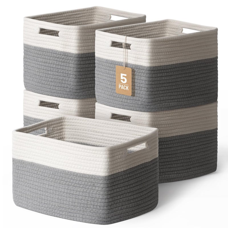Yilobi 5 Pack Woven Storage Baskets for Shelves, Decorative Basket Closet Organizer Storage Bins for Clothes, Books, Pantry, Bathroom â€“ Cotton Rope Shelf Baskets for Organizing and Decor, Gray & White - Image 1