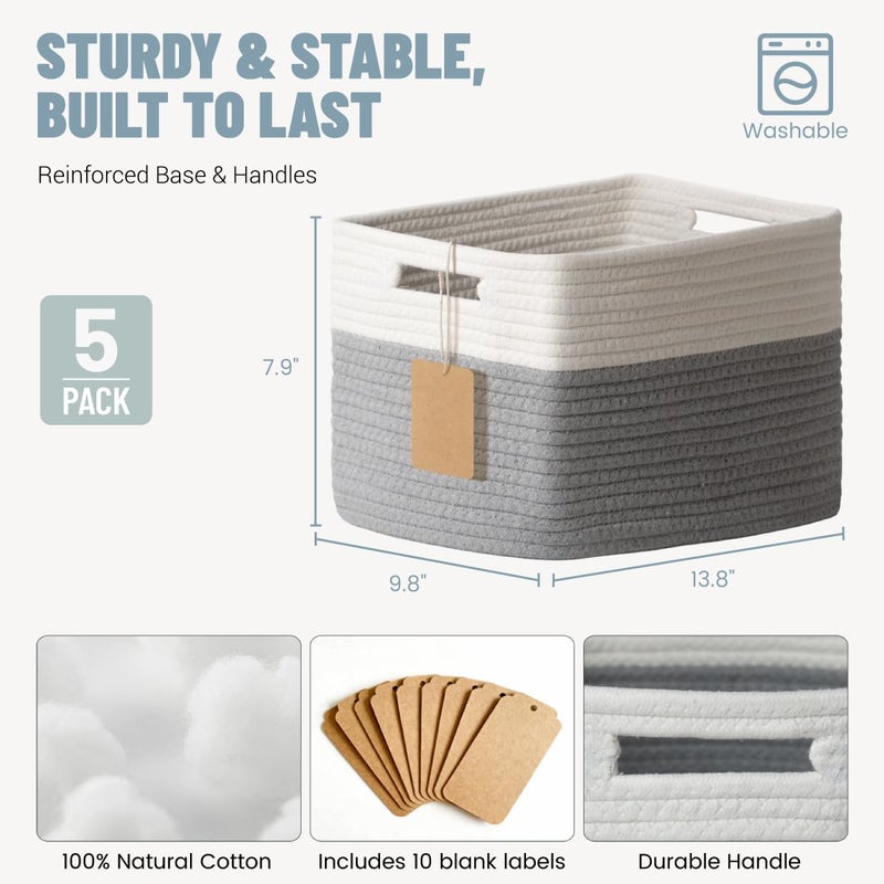 Yilobi 5 Pack Woven Storage Baskets for Shelves, Decorative Basket Closet Organizer Storage Bins for Clothes, Books, Pantry, Bathroom â€“ Cotton Rope Shelf Baskets for Organizing and Decor, Gray & White - Image 3