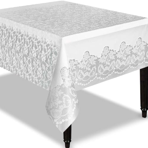 Unique White Lace Rectangular Plastic Table Cover - 54" x 108" (1 Count) - Premium Quality, Reusable, Waterproof, Elegant & Chic Design - Perfect For Parties, Weddings & Banquets - Image 1