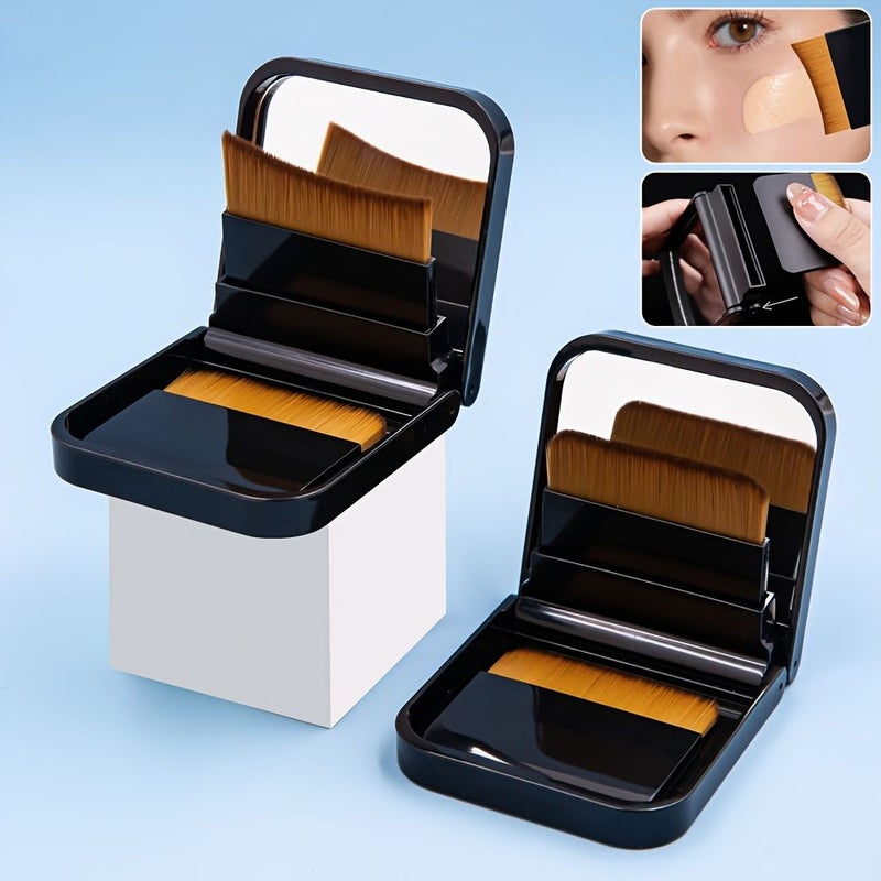 2 Black Flat Head Foundation Makeup Brushes Set Portable Replaceable Handle Mirror Travel Kit For Liquid Concealer - Image 1