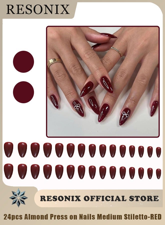 ريزونيكس 24 قطعة من أظافر اللوز الصناعية متوسطة الحجم، أظافر صناعية باللون الأحمر العنابي مع تصميم فيونكة من أحجار الراين، غراء أكريليك لامع على الأظافر للنساء، مناسب لحفلات الزفاف والارتداء اليومي - Image 1