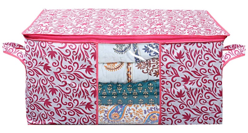 Kuber Industries Kuber Industries Leaf Design Non Woven Underbed BagStorage OrganiserBlanket Cover with Transparent WindowStorage Bag For Clothes LargePack of 2 Pink - Image 3