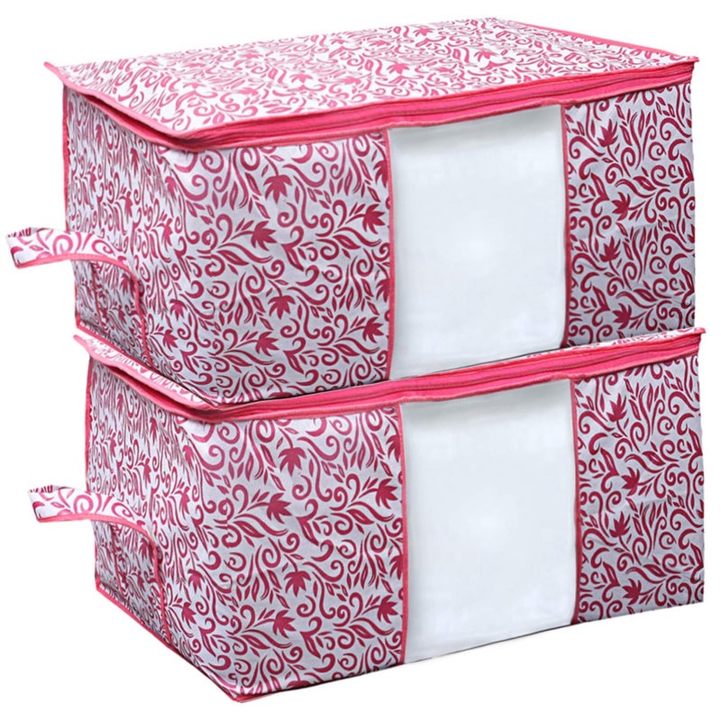 Kuber Industries Kuber Industries Leaf Design Non Woven Underbed BagStorage OrganiserBlanket Cover with Transparent WindowStorage Bag For Clothes LargePack of 2 Pink - Image 1