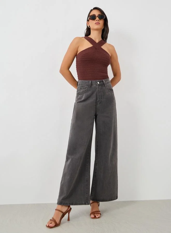 Styli Crochet Knit Cross Neckline Sleeveless Top