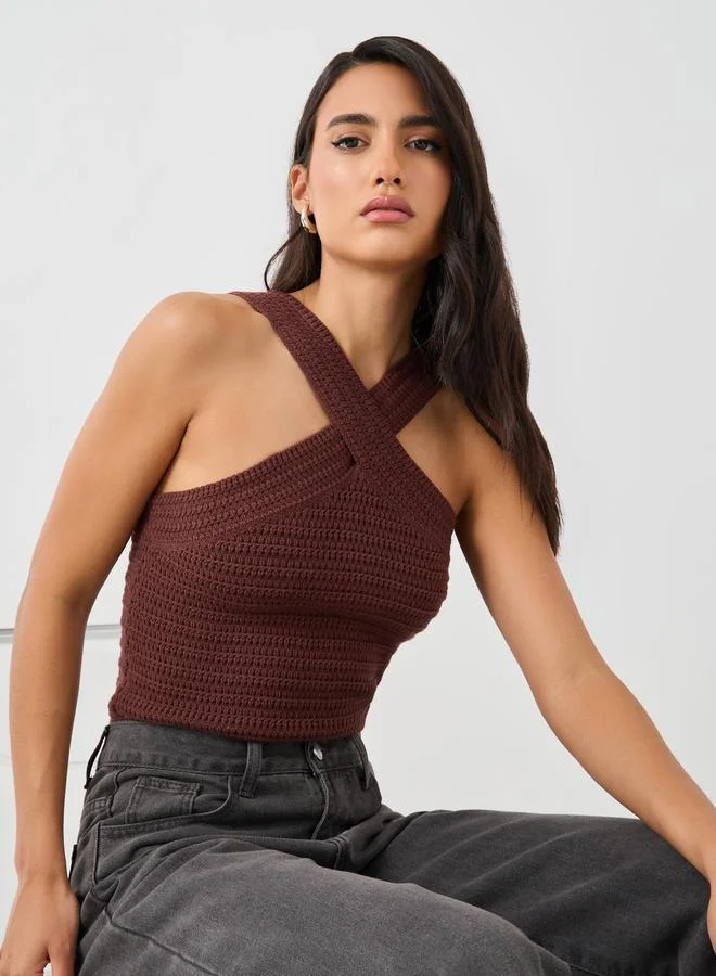 Styli Styli Crochet Knit Cross Neckline Sleeveless Top