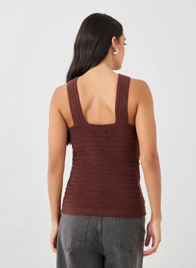 Styli Crochet Knit Cross Neckline Sleeveless Top