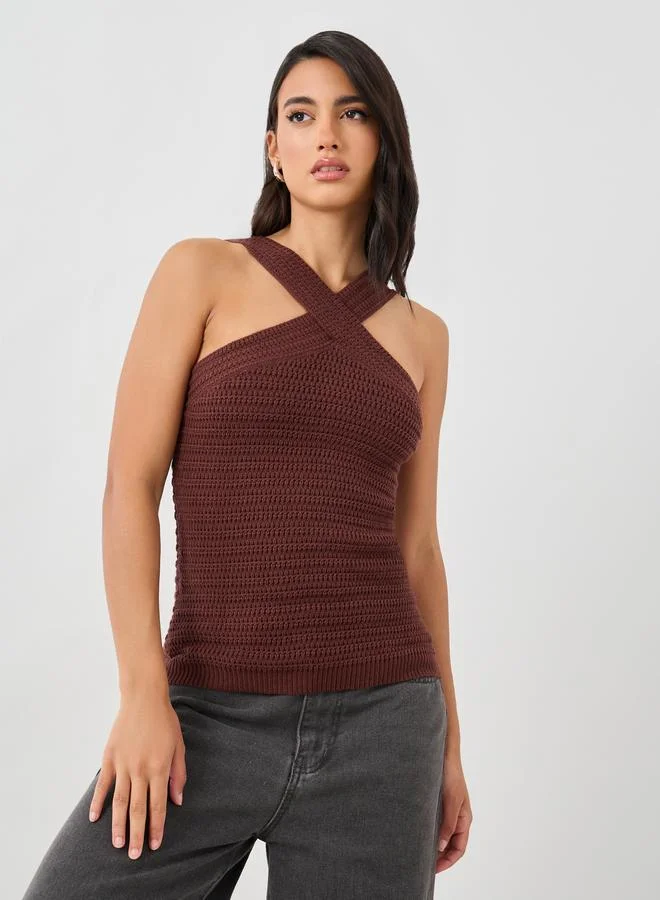 Styli Styli Crochet Knit Cross Neckline Sleeveless Top