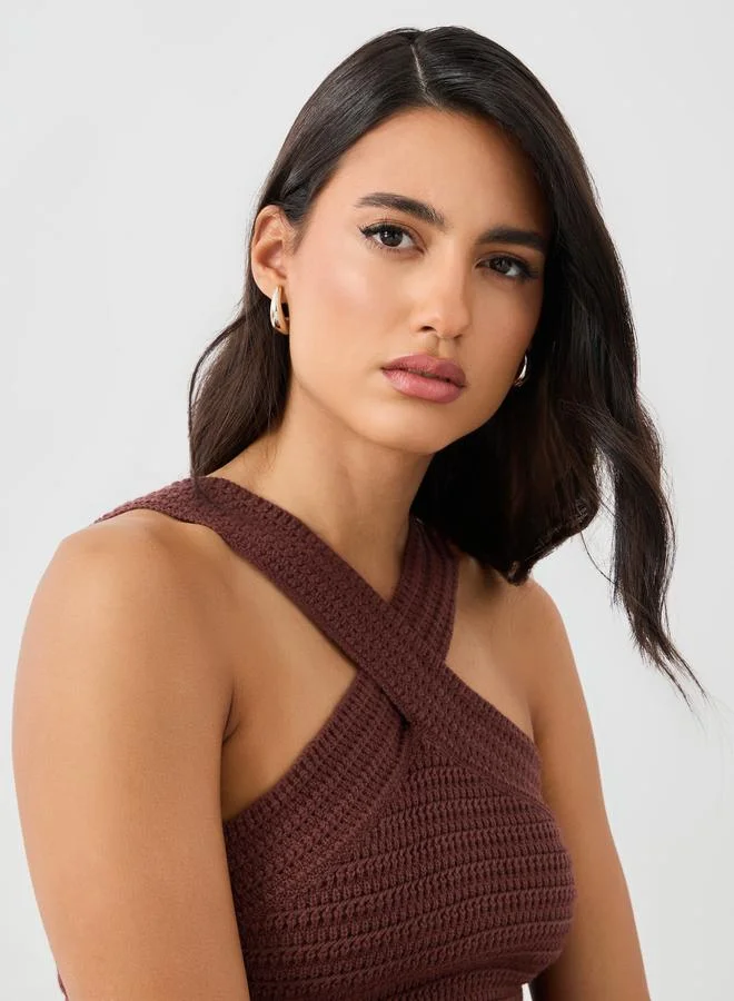 Styli Crochet Knit Cross Neckline Sleeveless Top