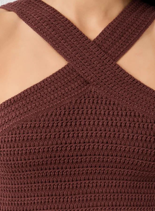 Styli Crochet Knit Cross Neckline Sleeveless Top