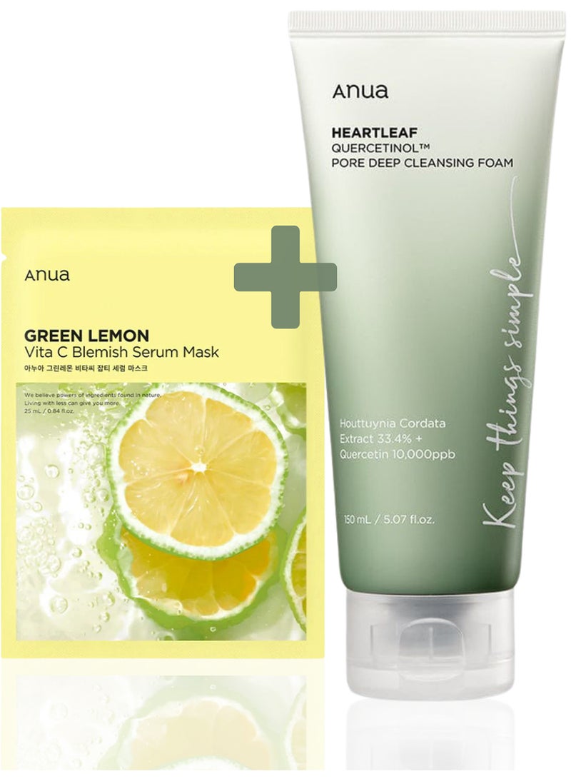 Anua Skincare Refresh Pack - Quercetinol Pore Deep Cleansing Foam 150ml & Green Lemon Vita-C Blemish Serum Mask 25ml | Deep Pore Cleansing, Brightening, and Blemish Control 175ml - Image 1