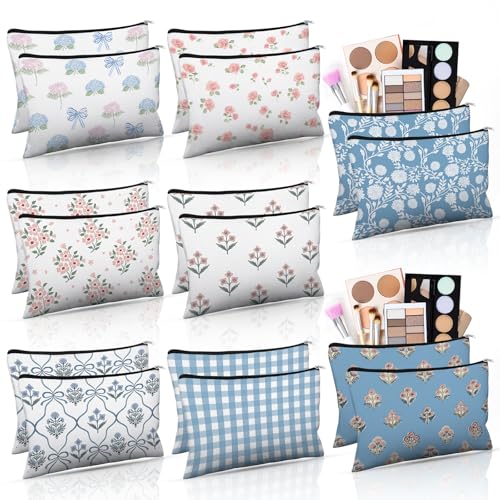 Stuffygreenus 16 Pcs Grandmillennial Cosmetic Bags Bulk for Women Blue and White Floral Makeup Bags Chinoiserie Canvas Travel Zipper Pouches Toiletry Bag for Girls Bridesmaids Wedding Supplies - Image 1