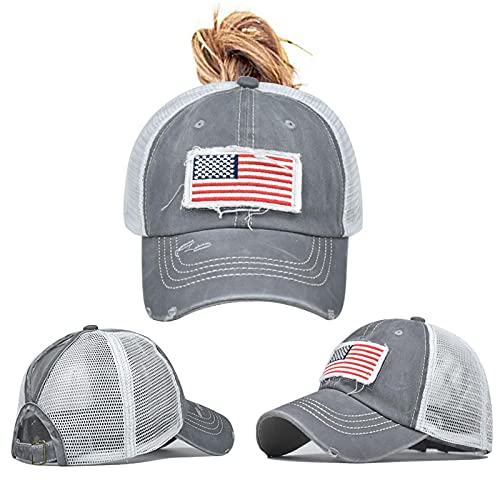 ProMindFun Womens Ponytail High Messy Bun Hats Distressed Baseball Caps Unconstructed Washed Dad Hat Girls Trucker Ponycaps - Image 1