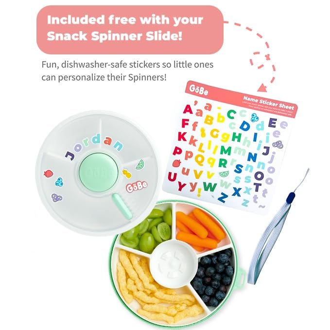 GoBe Kids Small Snack Spinner Slide Bundle with Hand Strap and Sticker Sheet - Reusable Snack Container with 5 Compartment Dispenser and Lid | BPA/PVC Free | Dishwasher Safe | No Spill - Taro Purple - Image 2