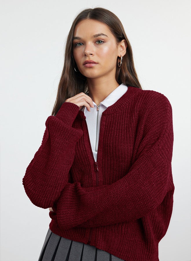 trendyol Claret Red Wide Pattern Bomber Collar Zippered Knitwear Cardigan - Image 1