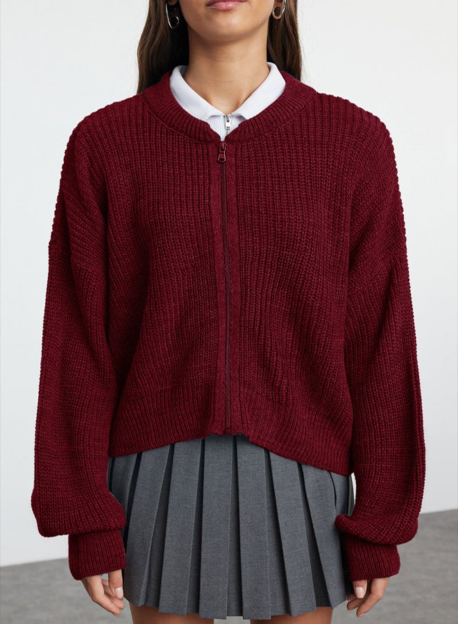 trendyol Claret Red Wide Pattern Bomber Collar Zippered Knitwear Cardigan - Image 3