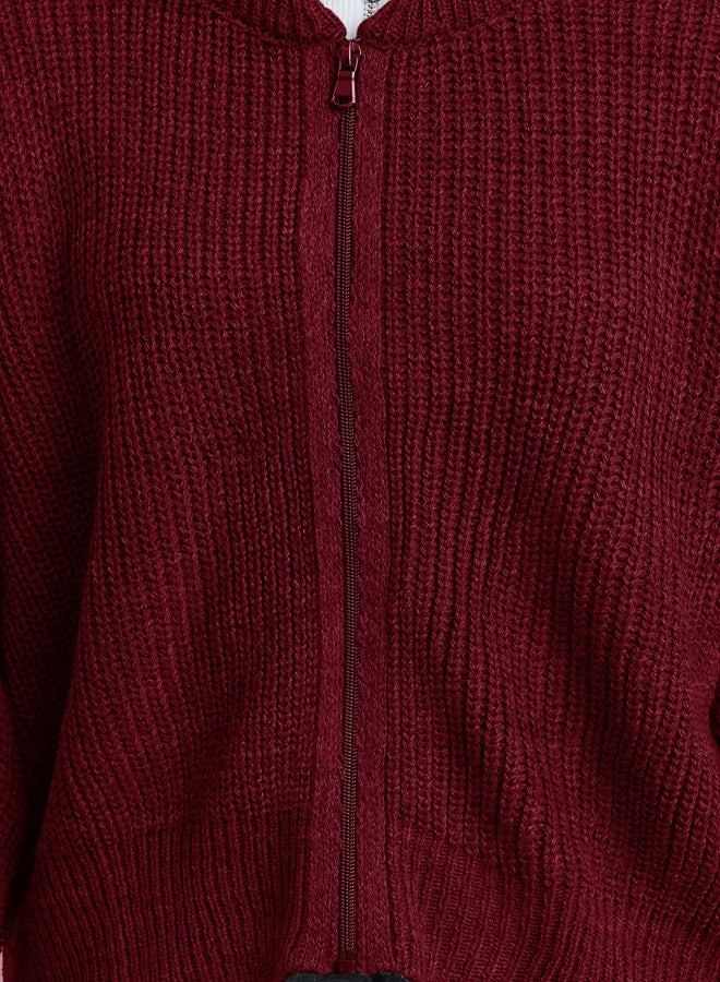 trendyol Claret Red Wide Pattern Bomber Collar Zippered Knitwear Cardigan - Image 4