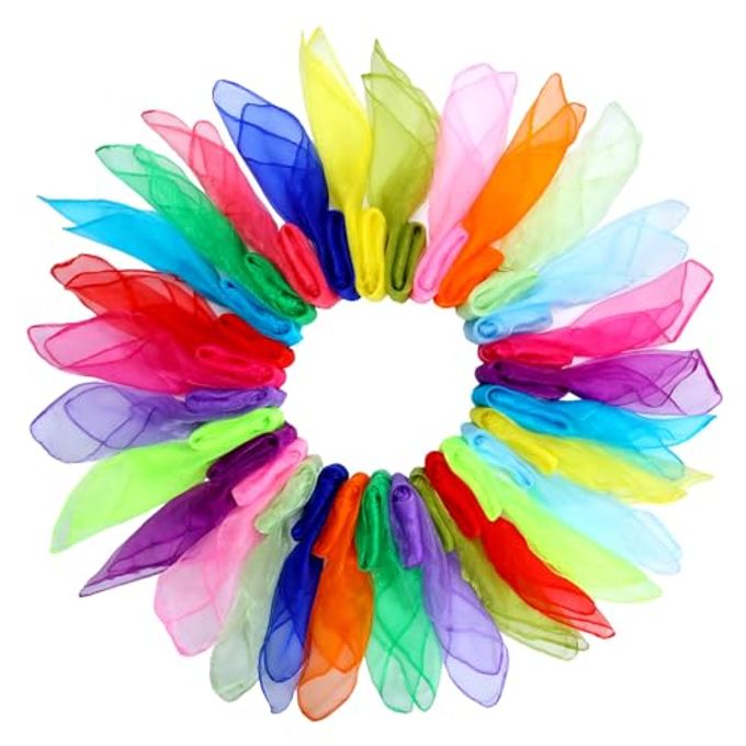Colovis 30 Pack Dance Scarves,15 Colors Square Juggling Scarf Props Magic Trick Silk Scarves Music Movement Scarf for Kids to Play with, 24 by 24 Inches - Image 4