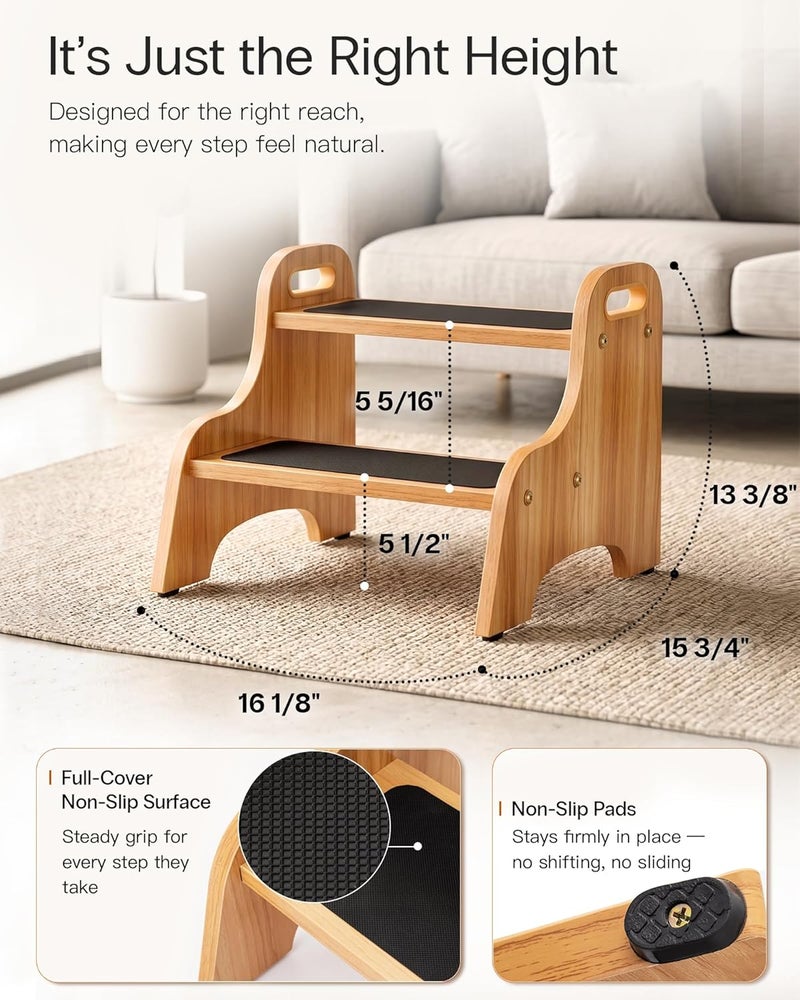 StrongTek Wooden 2 Step Stool, Non-Slip Surface with Handles, 350 lb Capacity, Compact Step Stools for Bathroom, Kitchen, Bedroom and Home Use (Natural) - Image 3