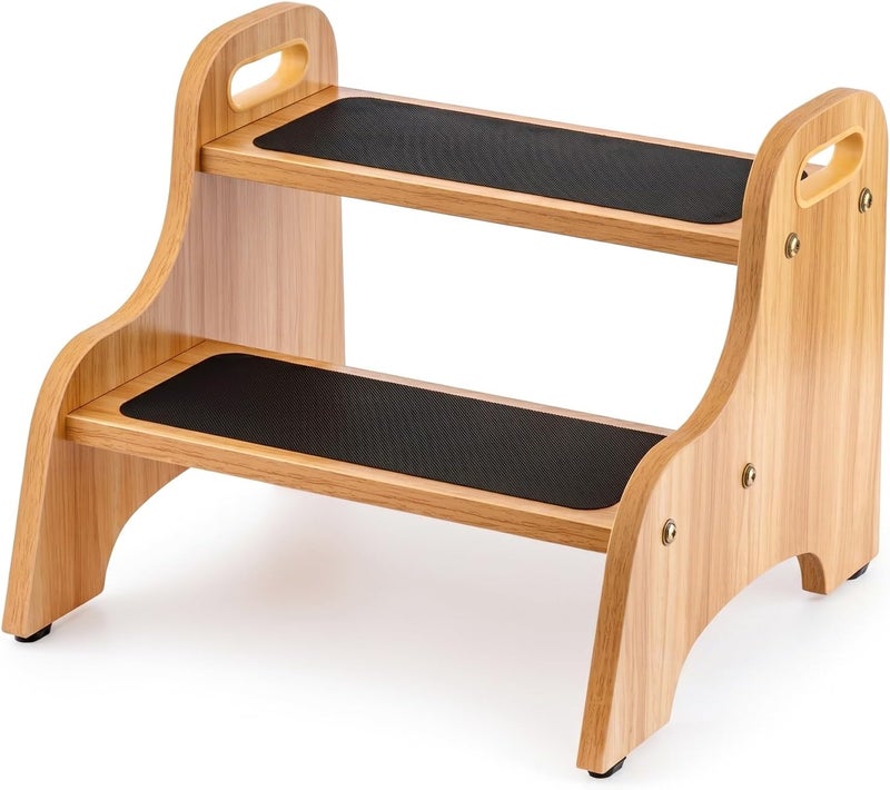 StrongTek Wooden 2 Step Stool, Non-Slip Surface with Handles, 350 lb Capacity, Compact Step Stools for Bathroom, Kitchen, Bedroom and Home Use (Natural) - Image 1