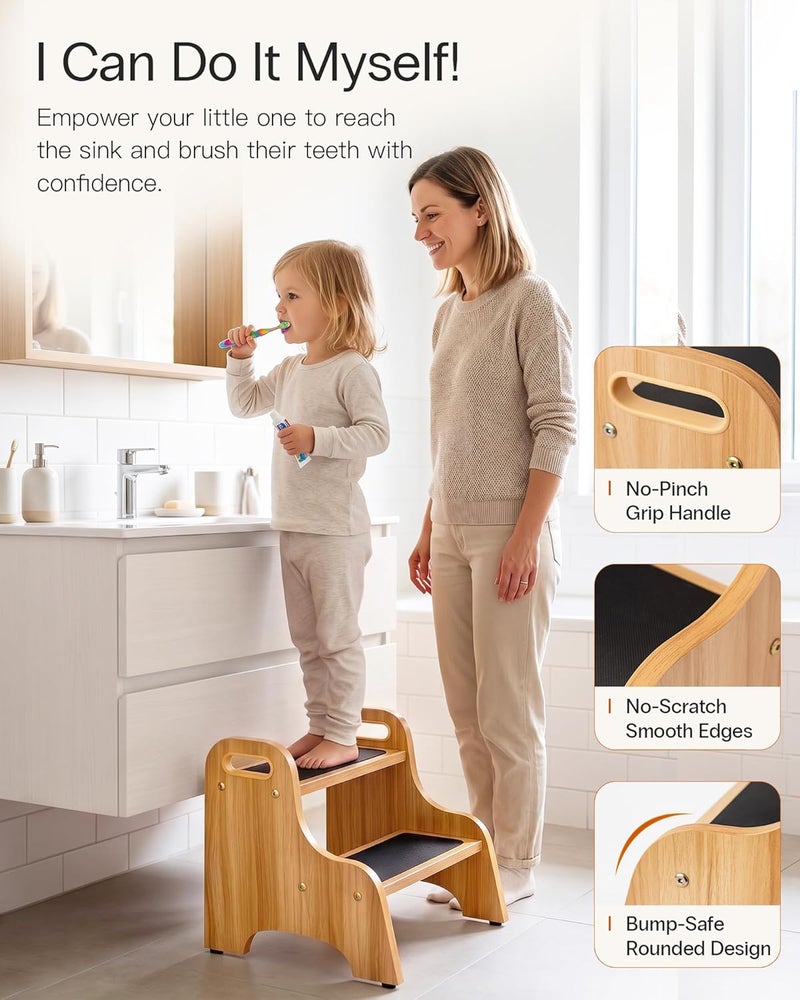 StrongTek Wooden 2 Step Stool, Non-Slip Surface with Handles, 350 lb Capacity, Compact Step Stools for Bathroom, Kitchen, Bedroom and Home Use (Natural) - Image 2