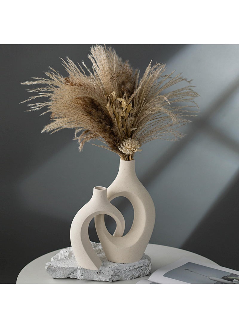 Liotww XL Cream White Snuggle Hollow Ceramic Vase of 2 for Coffee Table Decor  Modern Minimalist Aesthetic Donut Floral Vases  for Home Living Room Entryway Table Shelves Decorative (W 6.8"" X H 11"")  - Image 2