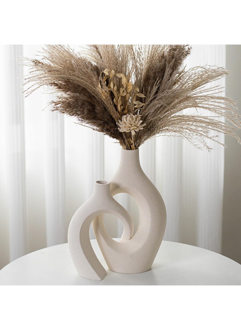 Liotww XL Cream White Snuggle Hollow Ceramic Vase of 2 for Coffee Table Decor  Modern Minimalist Aesthetic Donut Floral Vases  for Home Living Room Entryway Table Shelves Decorative (W 6.8"" X H 11"")  - Image 1