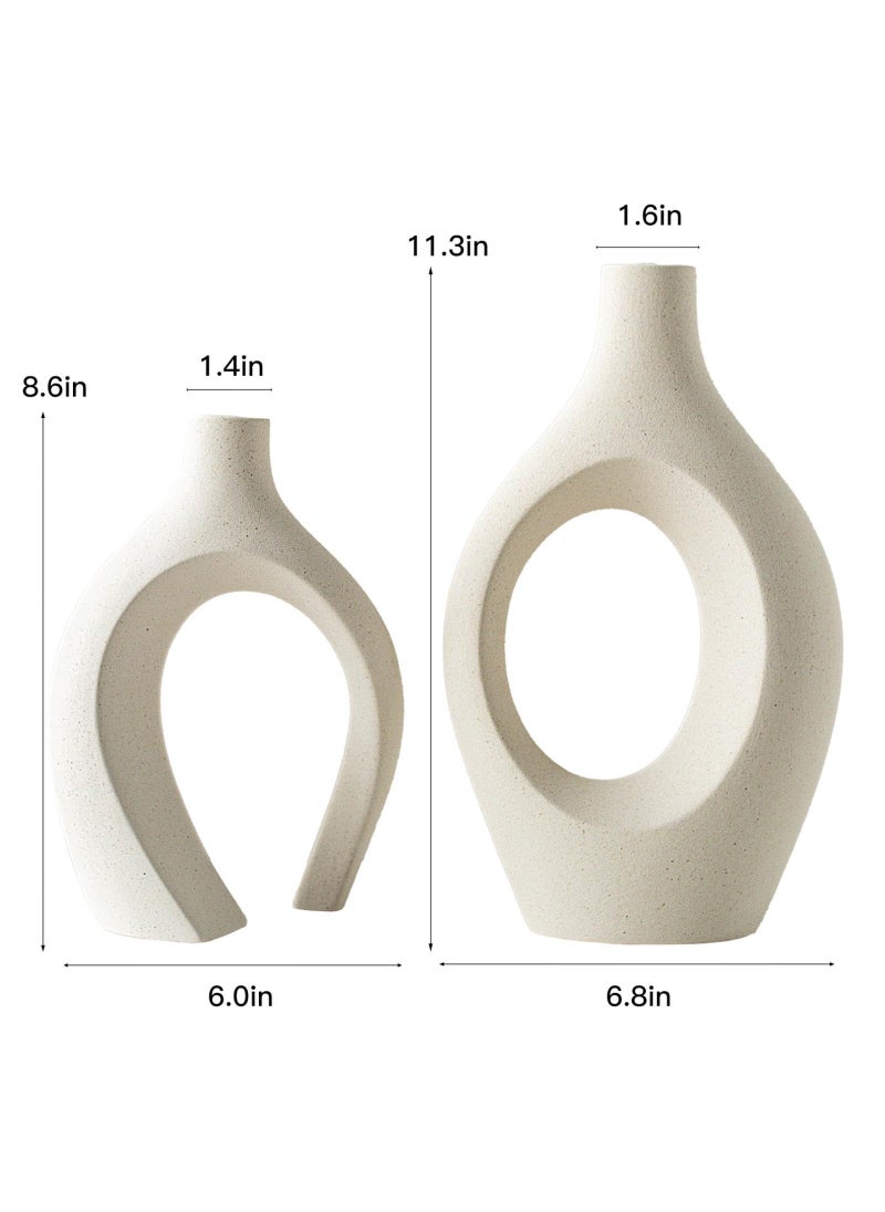 Liotww XL Cream White Snuggle Hollow Ceramic Vase of 2 for Coffee Table Decor  Modern Minimalist Aesthetic Donut Floral Vases  for Home Living Room Entryway Table Shelves Decorative (W 6.8"" X H 11"")  - Image 3