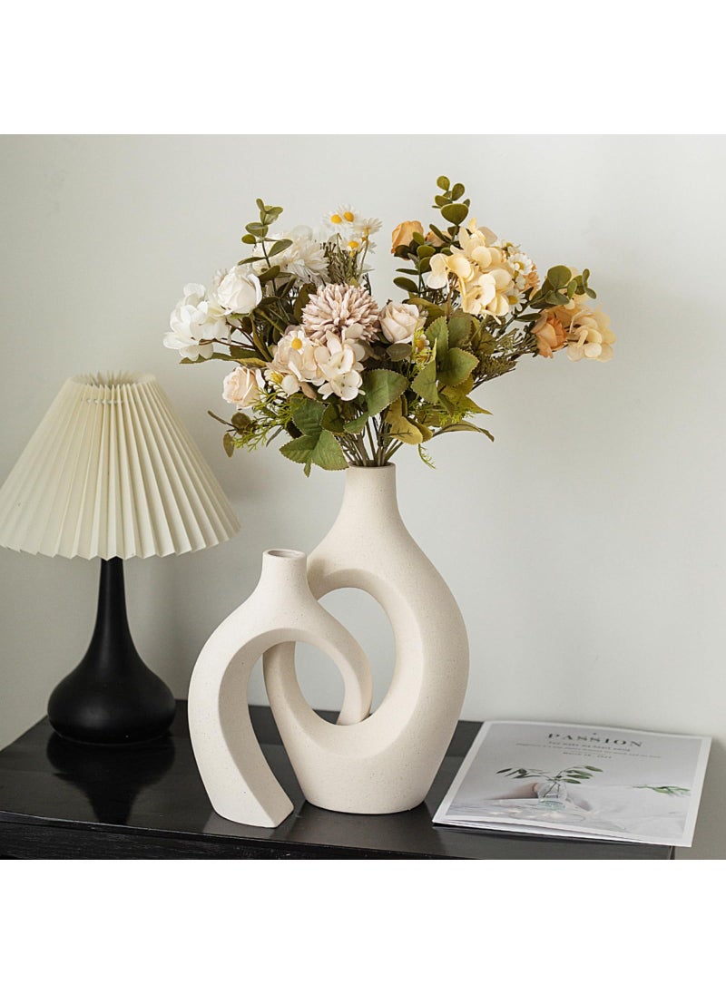 Liotww XL Cream White Snuggle Hollow Ceramic Vase of 2 for Coffee Table Decor  Modern Minimalist Aesthetic Donut Floral Vases  for Home Living Room Entryway Table Shelves Decorative (W 6.8"" X H 11"")  - Image 4