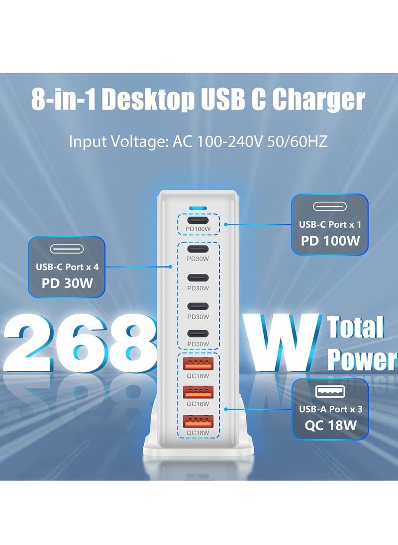 ELTRAZONE شاحن USB متعدد، شاحن سريع USB C بقوة 268 واط، محطة شحن 8 منافذ، محطة شحن محمولة USB و Type C، محول شاحن حائط 268 واط Gan USB Type C شاحن سريع، استخدام متعدد، قابس المملكة المتحدة أبيض - Image 3