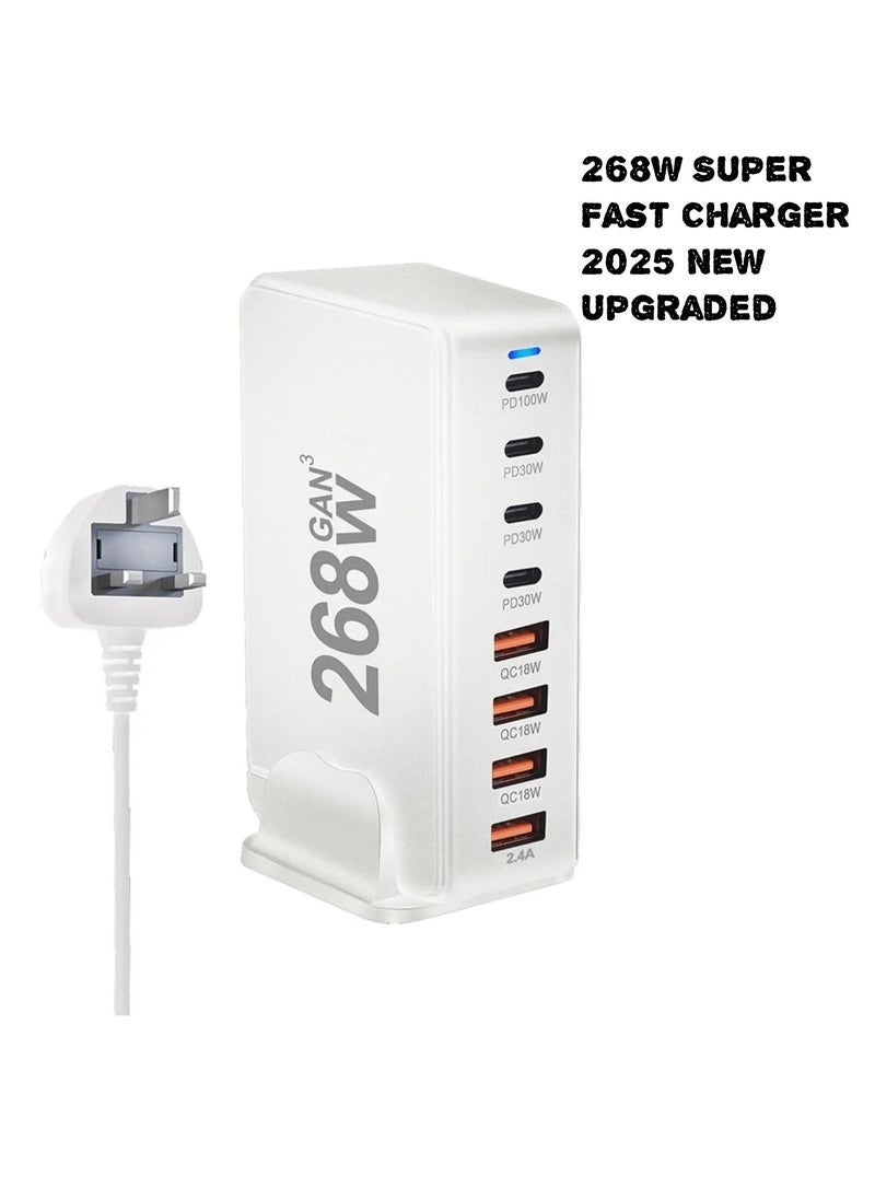 ELTRAZONE شاحن USB متعدد، شاحن سريع USB C بقوة 268 واط، محطة شحن 8 منافذ، محطة شحن محمولة USB و Type C، محول شاحن حائط 268 واط Gan USB Type C شاحن سريع، استخدام متعدد، قابس المملكة المتحدة أبيض - Image 1