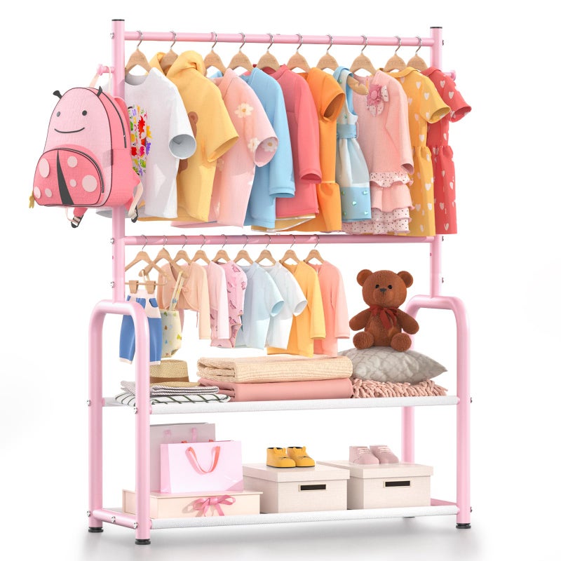 ZHKINGGS Kids Clothing Rack with 2-Layer Storage Shelf and 2 Adjustable Hanging Rods, Dress Up Rack for Hanging Clothes,Dress up Storage for Baby Toddle Kids(Classic, Pink) - Image 1