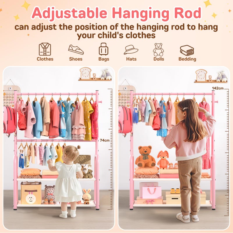 ZHKINGGS Kids Clothing Rack with 2-Layer Storage Shelf and 2 Adjustable Hanging Rods, Dress Up Rack for Hanging Clothes,Dress up Storage for Baby Toddle Kids(Classic, Pink) - Image 4