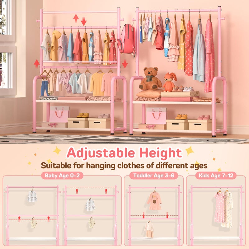 ZHKINGGS Kids Clothing Rack with 2-Layer Storage Shelf and 2 Adjustable Hanging Rods, Dress Up Rack for Hanging Clothes,Dress up Storage for Baby Toddle Kids(Classic, Pink) - Image 3