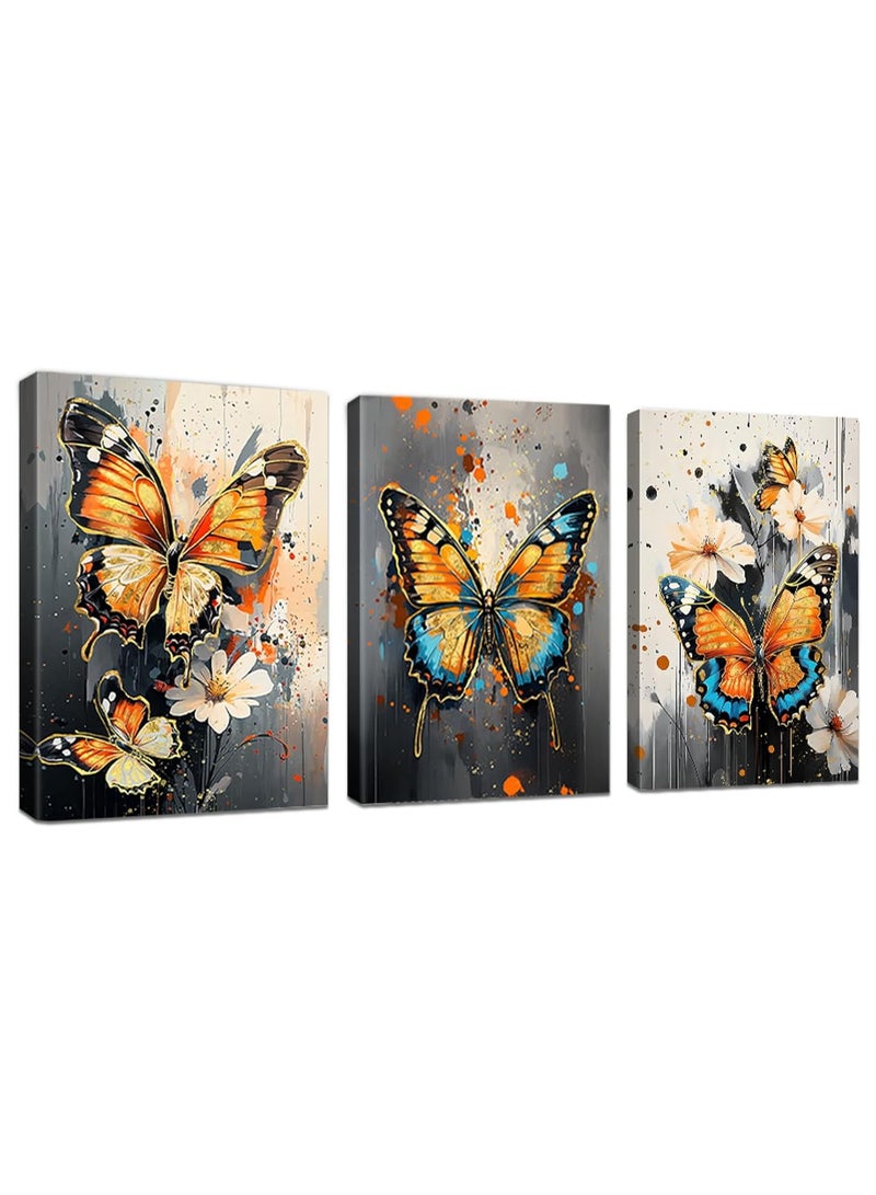 Set Of 3 Framed Canvas Wall Arts Stretched Over Wooden Frame Paintings 30x40 cm Colourful erflies Canvas Wall Art Prints Framed Pictures Vintage Abstract Beige Flower Grey Ink Painting on Canvas Liv  - Image 2