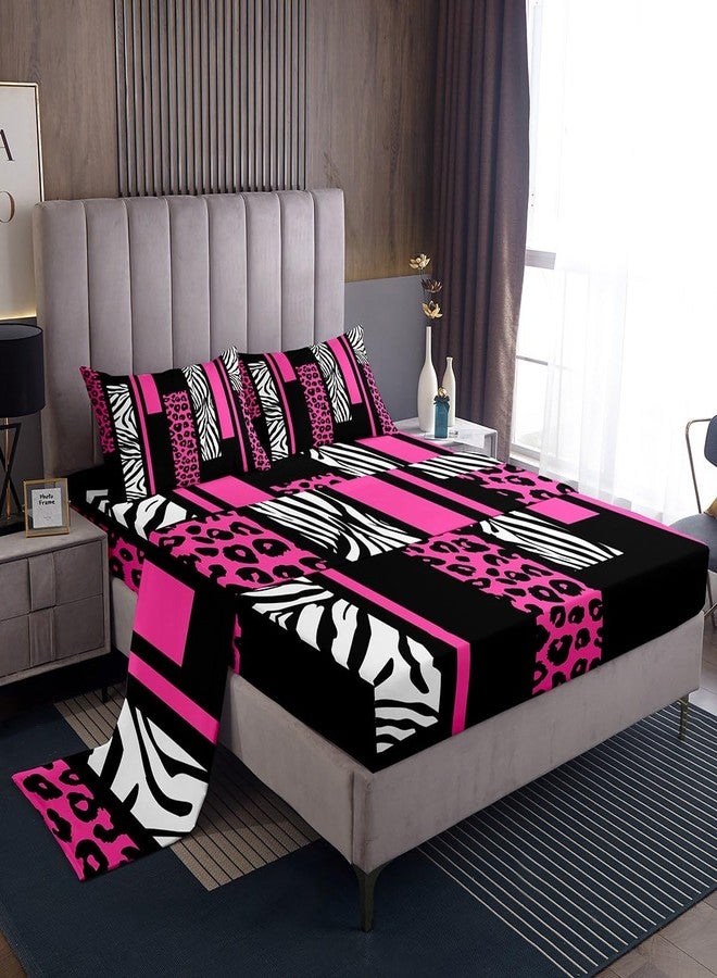 Man Fei Leopard Zebra Skin Sheet Full Size,Cheetah Wild Animals Rustic Bedding Set,Girls Women Room Decor,Geometric Squares Patchwork Rose Pink Romantic Bed Sheet Set 4pcs(Fitted + Flat + 2 Pillowcases) - Image 3
