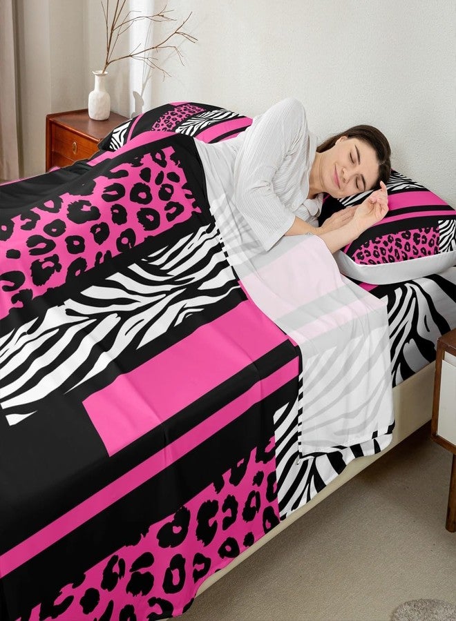 Man Fei Leopard Zebra Skin Sheet Full Size,Cheetah Wild Animals Rustic Bedding Set,Girls Women Room Decor,Geometric Squares Patchwork Rose Pink Romantic Bed Sheet Set 4pcs(Fitted + Flat + 2 Pillowcases) - Image 2