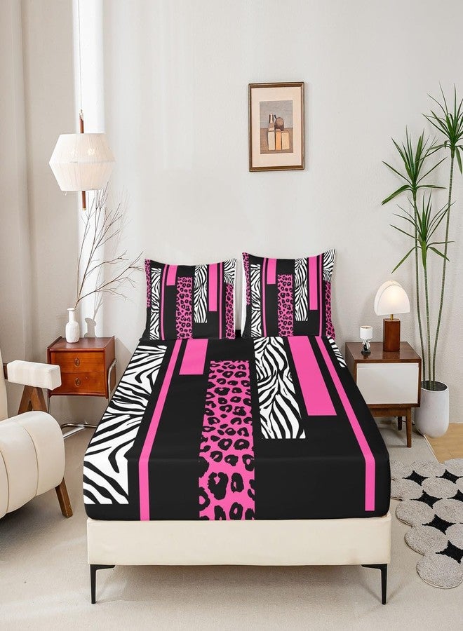 Man Fei Leopard Zebra Skin Sheet Full Size,Cheetah Wild Animals Rustic Bedding Set,Girls Women Room Decor,Geometric Squares Patchwork Rose Pink Romantic Bed Sheet Set 4pcs(Fitted + Flat + 2 Pillowcases) - Image 5