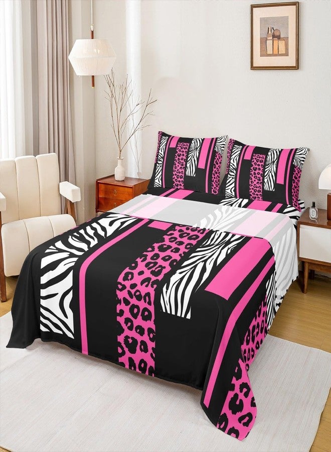Man Fei Leopard Zebra Skin Sheet Full Size,Cheetah Wild Animals Rustic Bedding Set,Girls Women Room Decor,Geometric Squares Patchwork Rose Pink Romantic Bed Sheet Set 4pcs(Fitted + Flat + 2 Pillowcases) - Image 1