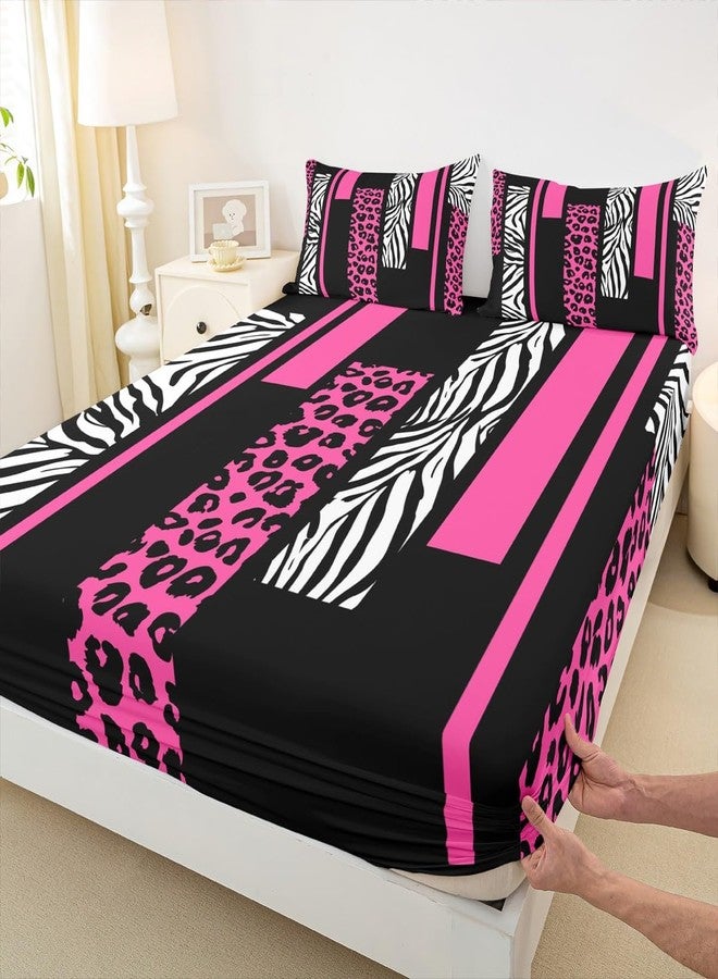 Man Fei Leopard Zebra Skin Sheet Full Size,Cheetah Wild Animals Rustic Bedding Set,Girls Women Room Decor,Geometric Squares Patchwork Rose Pink Romantic Bed Sheet Set 4pcs(Fitted + Flat + 2 Pillowcases) - Image 4