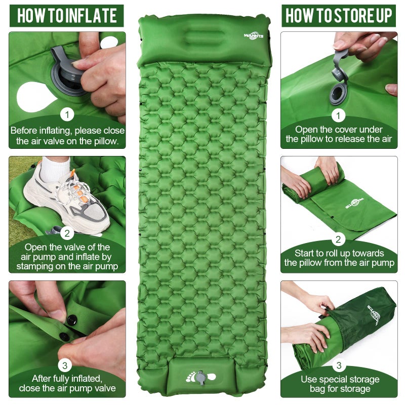 WANNTS Sleeping Pad, Ultralight Inflatable Sleeping Pad for Camping, Built-in Pump, Ultimate for Camping, Hiking - Airpad, Carry Bag, Repair Kit - Compact & Lightweight Camping Pad(Green) - Image 4