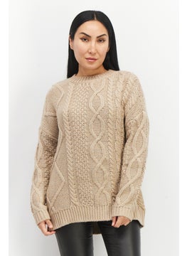 VERO MODA Women Crew Neck Long Sleeves Knitted Metallic Sweater, Tan Combo  - Image 1